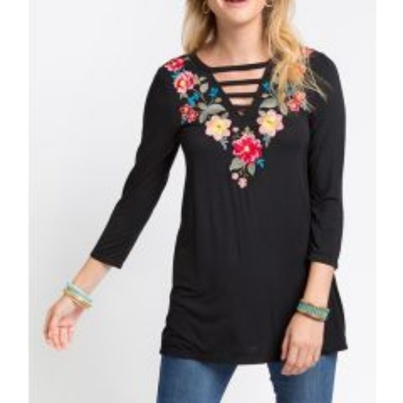 Andree Tops - ANDREE by Unit black embroidered ladder neck top